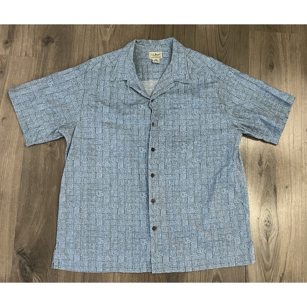 LL BEAN Shirt Mens L Batik Mayan Aloha Print Aztec Button Up Camp Cotton Blue
